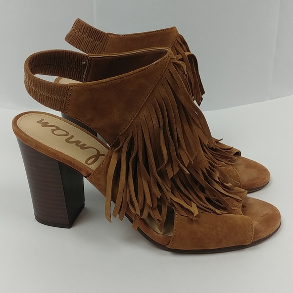 Sam Edelman Elaine Saddle Suede Fringe Block Heels - Picture 2 of 6